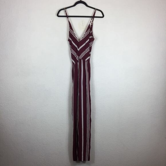 Flynn Skye Burgundy Stripe Wrap Spaghetti Boho Wide Leg Jumpsuit XS - Picture 11 of 12
